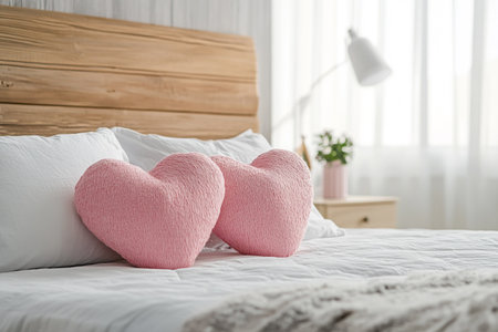 pink heart pillow on bed in bedroom, Valentine's Day conceptの素材