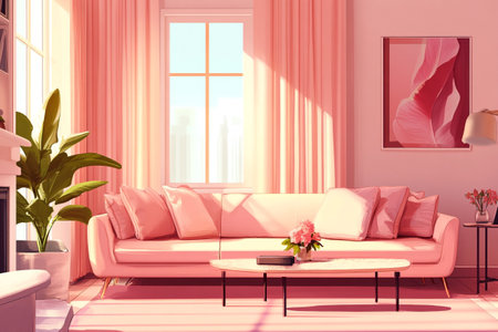 Living room with pink sofa and window. 3D rendering image.の写真素材