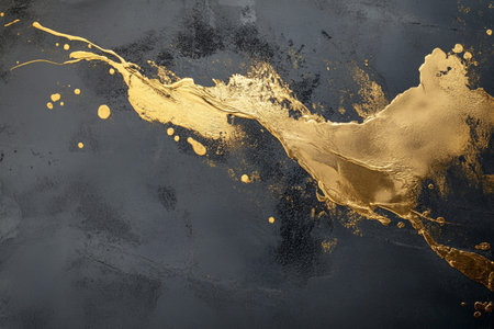 Gold paint splashes on black background. Abstract art. 3D renderingの写真素材