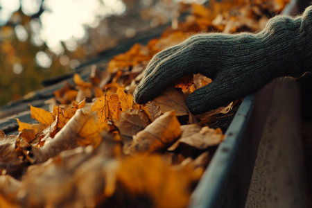 A woman's hand in a knitted glove collects fallen leaves from the roofの素材