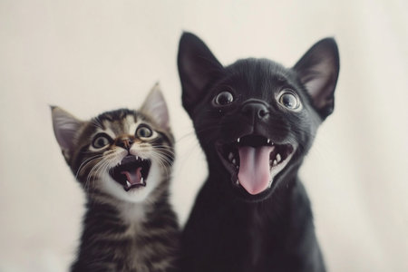 Cute black and white kitten yawning.の写真素材