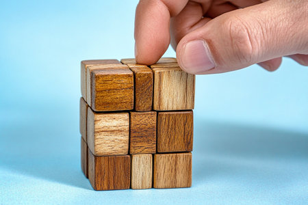 Wooden cubes in the form of a pyramid on a blue backgroundの写真素材