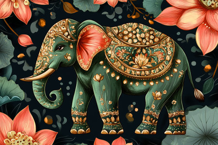 Beautiful elephant with floral ornament and flowers on dark background illustration for childrenの写真素材