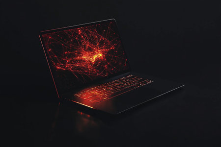 laptop with red network on dark background. 3d rendering.の写真素材