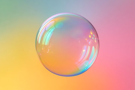 Colorful soap bubble on rainbow background. Close-up view.の写真素材