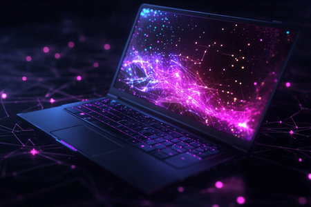 Laptop with abstract glowing circuit on dark background. 3D Renderingの写真素材