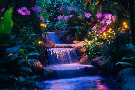 Beautiful waterfall in the garden at night with colorful light decoration.の写真素材