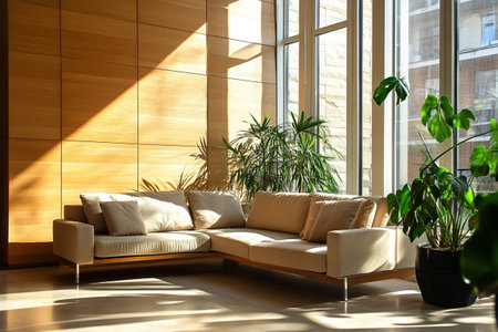 modern bright interiors apartment living room with sofa 3D rendering illustrationの写真素材