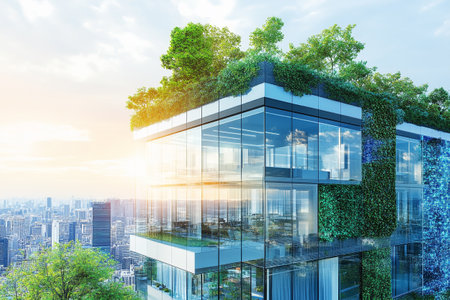 Modern office building with green plants and cityscape in the background.の素材