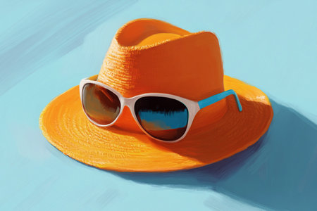 Straw hat and sunglasses on a blue background. 3d renderingの写真素材