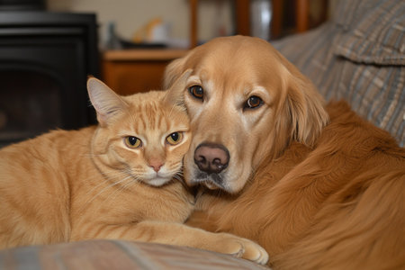 Golden Retriever dog and cat on the sofa at home.の写真素材