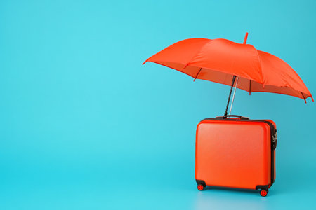 Red suitcase with umbrella on blue background. Travel concept. 3D Renderingの写真素材