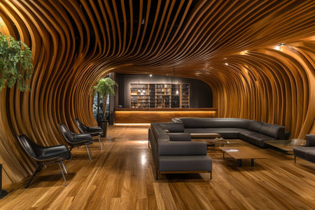 Interior of modern cafe with black leather sofa and wooden walls. 3d renderingの写真素材