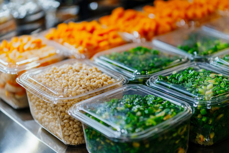 Frozen vegetables in plastic containers on counter in supermarket, closeupの写真素材