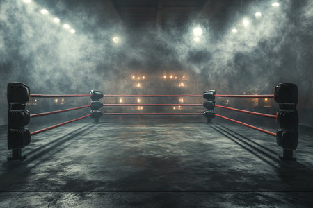 Empty boxing ring with red ropes and smoke. 3D Renderingの素材