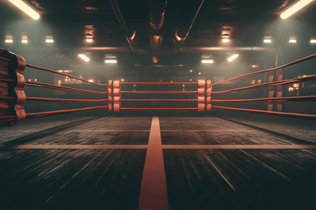 Boxing ring in a dark room with red ropes. 3d renderingの素材