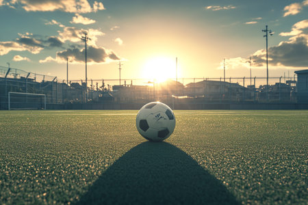 Soccer ball on the green field of stadium with sunset sky backgroundの写真素材