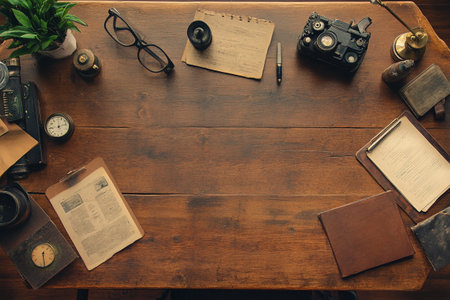 Top view of vintage wooden table with camera, notebook and other itemsの写真素材