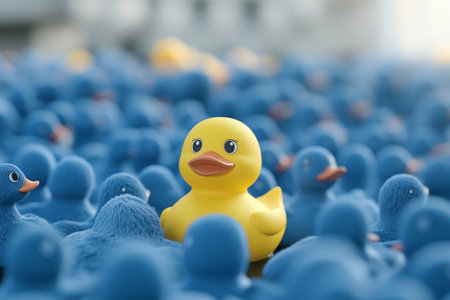 Rubber duck toy in a row of blue rubber ducks. 3d renderingの素材
