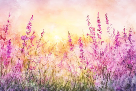Watercolor lavender flowers on sunset sky background. Digital painting.の素材