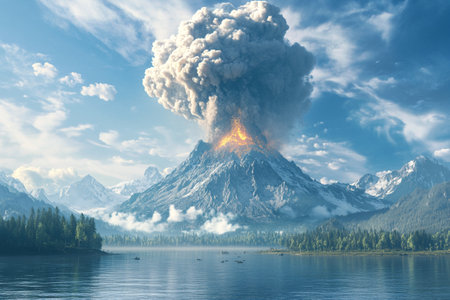 Volcanic eruption on the lake and mountains in the background.の写真素材