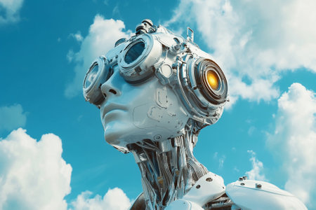 Cyborg head against blue sky with clouds. 3D rendering.の写真素材