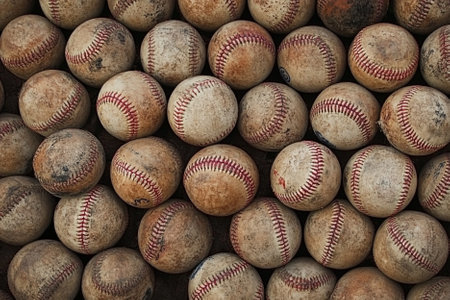 Baseball background. Close up view of old baseball balls on a pile.の写真素材