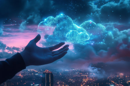 Cloud computing technology concept with man hand and cityscape background at nightの写真素材