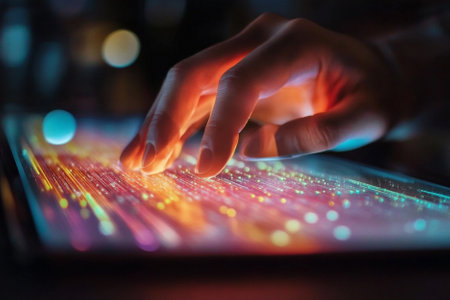 Close-up of human hand working on digital tablet computer at nightの素材