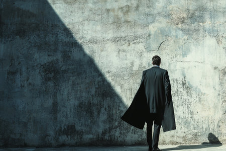 Back view of a businessman in a black coat with a hood standing against a concrete wallの素材