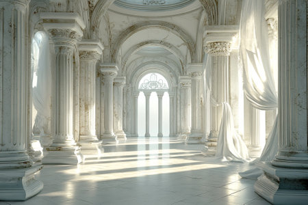 Luxury palace interior with columns, columns and sunlight. 3d renderの写真素材