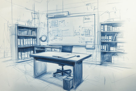 Sketch of a modern office interior with a desk and a bookcaseの写真素材