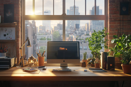 Workplace with computer on table in modern office with window and city viewの写真素材