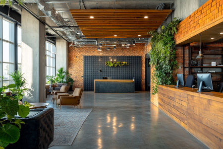 Interior of a modern office lobby with brick walls and wooden floorの写真素材