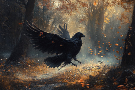 Crow in the autumn forest. 3d render illustration.の写真素材