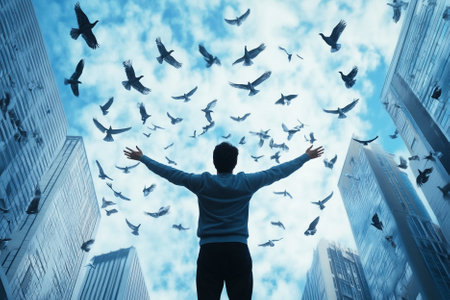 Businessman with hands up against cityscape and birds flying in the skyの素材