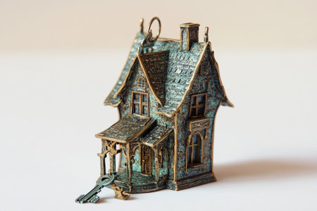 Miniature house with key on a white background. Close up.の写真素材