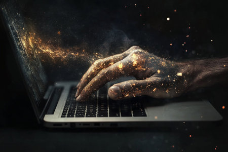 Close up of human hands typing on laptop keyboard with glowing lightning effectの写真素材