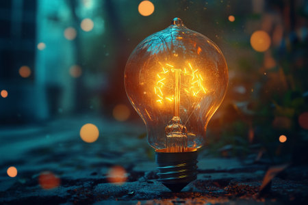 Incandescent light bulb glowing in the dark with bokehの写真素材