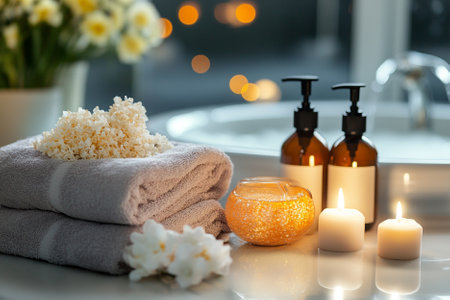 Spa composition with towels, candles and flowers on table in bathroomの写真素材