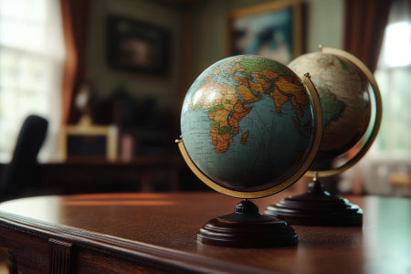 Globe on the table in the room. Selective focus.の写真素材