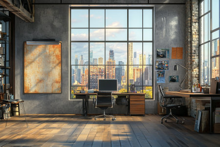 Interior of a modern office with panoramic windows and city viewの写真素材