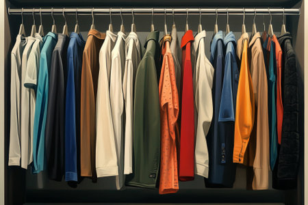 Clothing hanging on a rack in a wardrobe. Toned.の写真素材