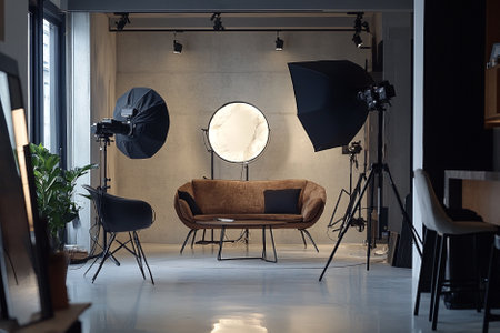 Interior of modern photo studio with lighting equipment. 3d renderingの写真素材