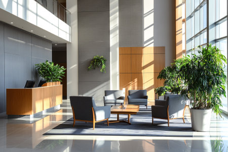Interior of modern office waiting room with white walls, tiled floor, comfortable brown armchairs standing near coffee table and plant. 3d renderingの写真素材