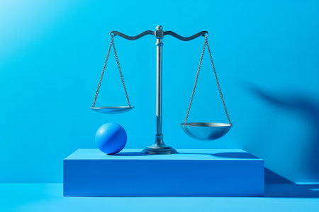 Scales of justice and blue ball on blue background. 3d renderingの写真素材