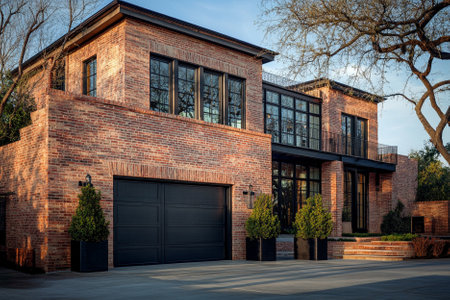 Modern brick house exterior with garage door and glass windows at sunset.の素材