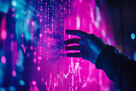 Close up of human hand touching virtual panel with forex chart. Stock market conceptの写真素材