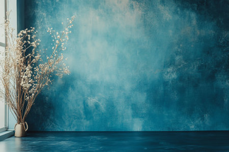 Vase with dried flowers on blue wall background. 3d renderingの写真素材