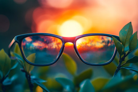 Glasses on the background of the sunset. Selective focus. nature.の写真素材